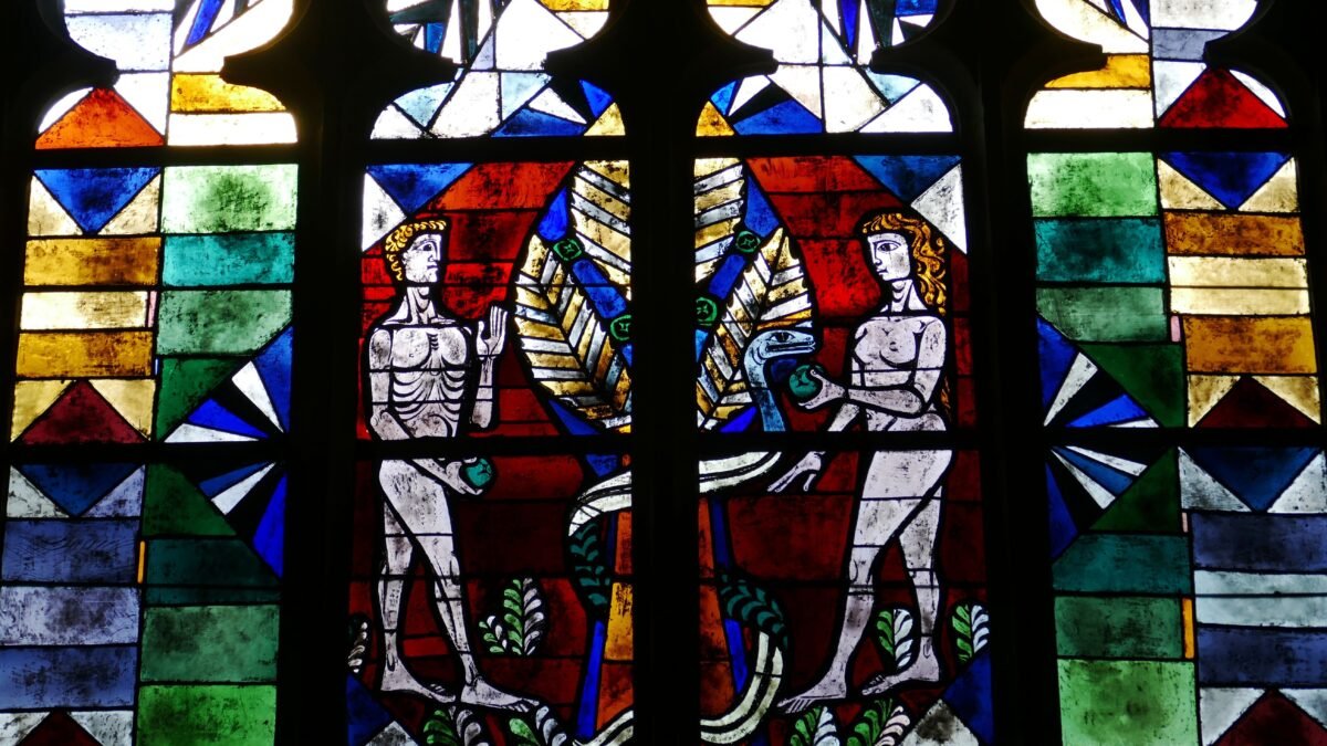 falco church window - Adam and Eve in the garden of Eden